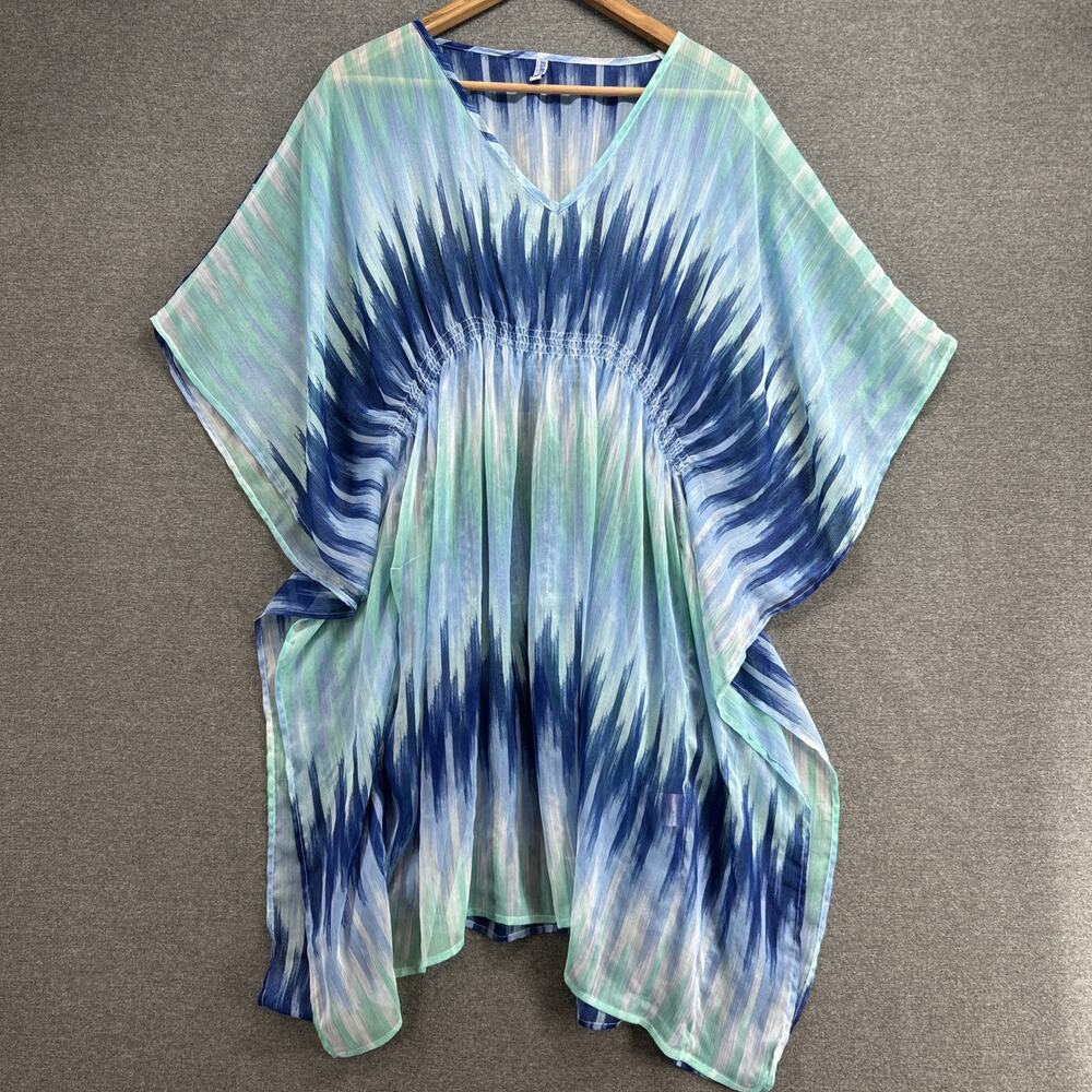 Blue Star Swimsuit Cover Up Kaftan Top Womens OSFM One Size Blue Green Tie Dye